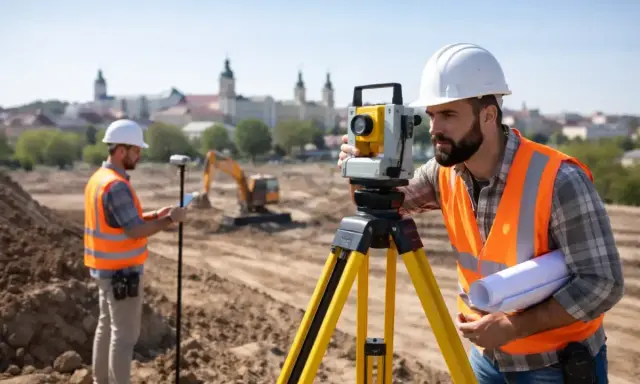 Geodeci pracują na budowie, jeden z nich obsługuje tachimetr, drugi sprawdza dane na tablecie. Zastanawiasz się, ile bierze geodeta za wytyczenie działki?