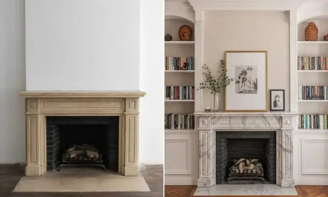 Avant/après : une cheminée en pierre beige transformée pour moderniser l'espace avec un marbre élégant et des bibliothèques intégrées.