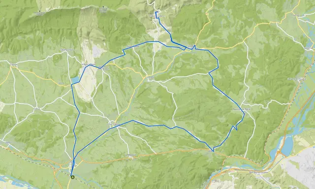 Carte d'un parcours VTT autour de Pertuis, traversant des villages comme La Tour-d'Aigues et Grambois, avec des reliefs marqués.