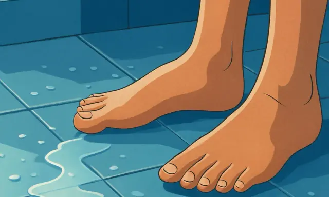 Stopy na mokrej, niebieskiej podłodze. Zapewniona antypoślizgowość R10 chroni przed poślizgnięciem.