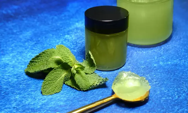 Une cuillère dorée présente une portion de gelée de menthe fraîche. À côté, un pot fermé et un autre ouvert contiennent cette même gelée verte et rafraîchissante.