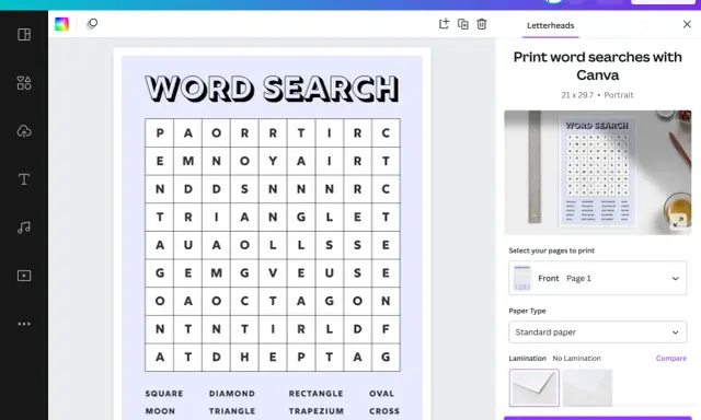 Creare rebus online è facile con Canva. Qui vedi un modello di "Word Search" pronto per essere stampato.