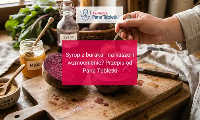 Jak zrobić syrop z buraka na kaszel i wzmocnienie? Na drewnianej desce leżą buraki, miód i cukier. Przepis od Pana Tabletki.