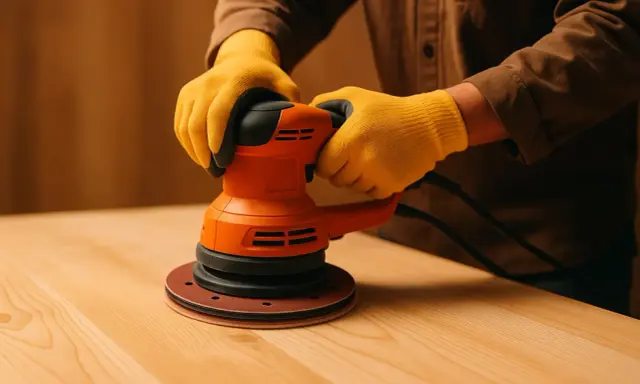 Maintenant, quelle ponceuse choisir pour meuble ? Un artisan utilise une ponceuse orbitale orange pour lisser un plateau en bois.