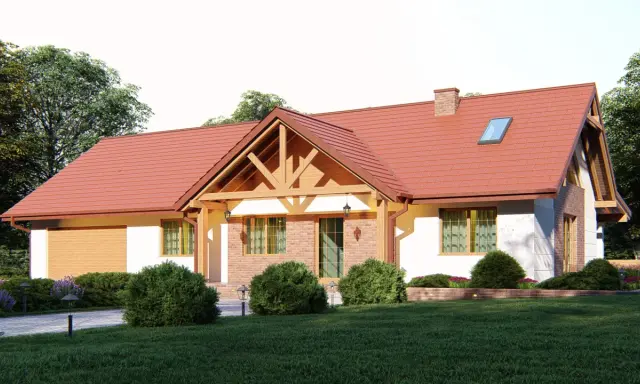 Urokliwy dom w stylu kolonialnym z czerwoną dachówką, ceglanymi detalami i drewnianą werandą, otoczony zielenią.