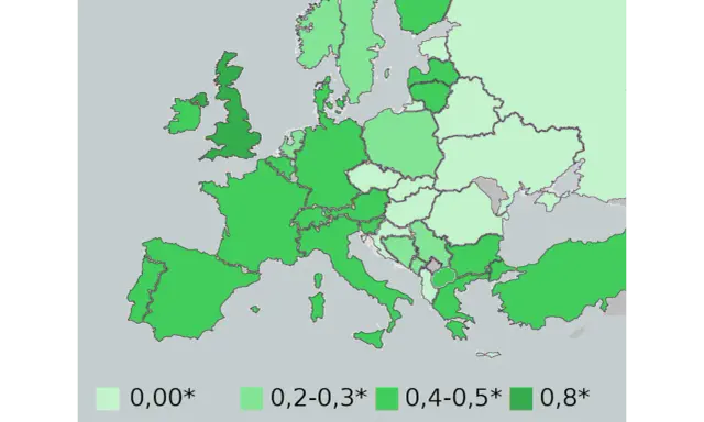 Mapa Europy z dopuszczalną ilością alkoholu we krwi. Aby alkohol się palił, musi mieć co najmniej 0,8 promila.