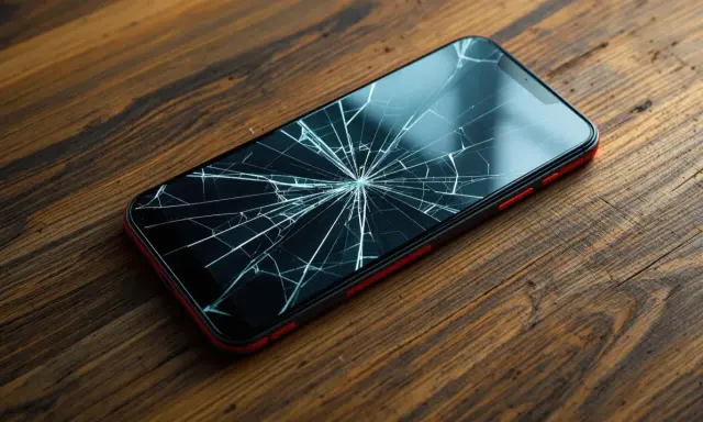 Rozbite szkło smartfona na drewnianym blacie. Czy przy wymianie wyświetlacza traci się dane? Nie, zazwyczaj dane są bezpieczne.