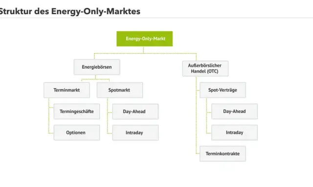 Struktur des Energy-Only-Marktes: Energiebörsen (Terminmarkt, Spotmarkt) und außerbörslicher Handel (OTC) mit Spot-Verträgen.