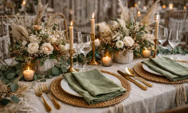 Elegancka dekoracja sali boho: kwiaty, trawy pampasowe, świece i złote sztućce tworzą ciepłą atmosferę.