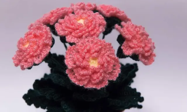 En bukett av virka blommor i rosa med gula mittar och mörkgröna blad.