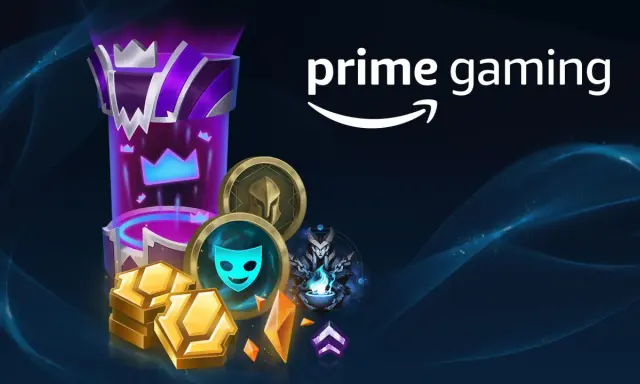 Nagrody z Prime Gaming dla graczy League of Legends: złote monety, ikony i fioletowy totem.