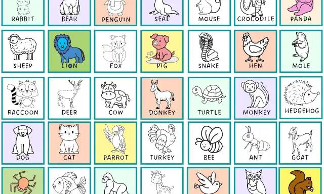 Kolorowanki po angielsku do wydruku z uroczymi zwierzątkami: królik, miś, pingwin, foka, mysz, krokodyl, panda, owca, lew, lis, świnka, wąż, kura, kret, szop, jeleń, krowa, osioł, żółw, małpa, jeż, pies, kot, papuga, indyk, pszczoła, mrówka, koza, pają...