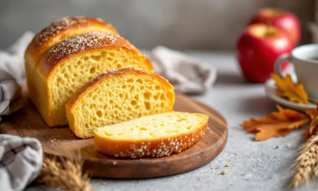 Un pain au pomme doré, tranché sur une planche en bois, avec des pommes rouges et des feuilles d'automne en arrière-plan.