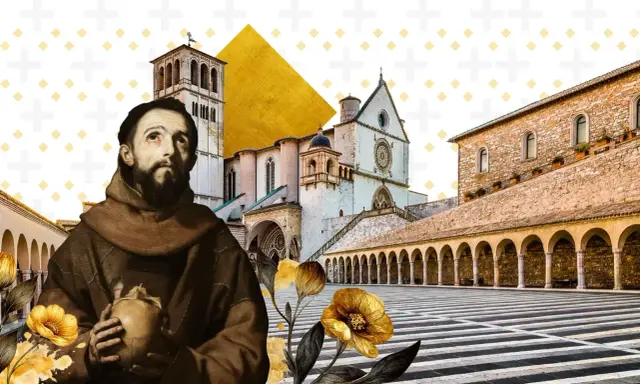 Św. Franciszek z Asyżu, patron roku św. Franciszka, w otoczeniu bazyliki i symboli życia.