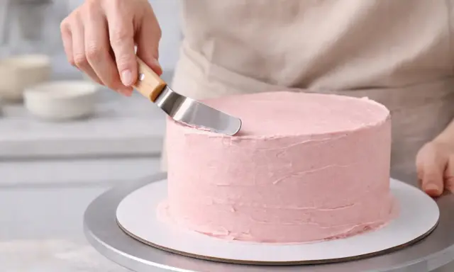 Manos expertas aplican glaseado rosa a un pastel redondo. Aprende como decorar tartas con esta técnica.