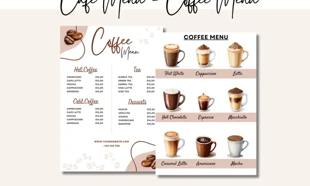 Kawiarniany menu przykład: gorące i zimne kawy, herbaty, desery, gorąca czekolada, espresso, latte, cappuccino, mocha, americano, macchiato, caramel latte.