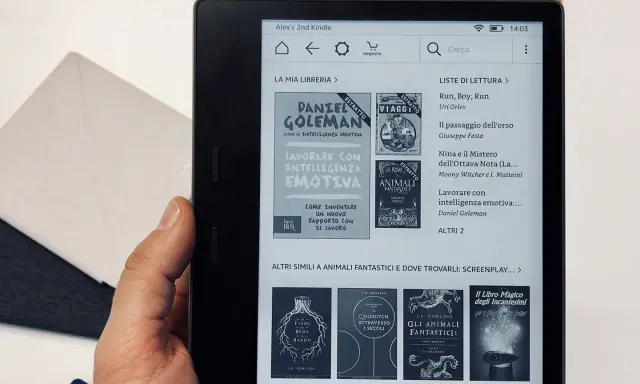 La libreria del Kindle mostra come scaricare libri, con titoli come "Lavorare con intelligenza emotiva".