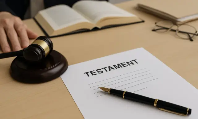Sądowy młotek, otwarte księgi i pióro czekają na podpisanie testamentu notarialnego.