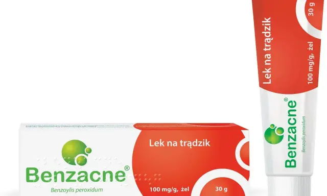 Maść na wypryski Benzacne w tubce i pudełku. Lek na trądzik z benzoylis peroxidum.