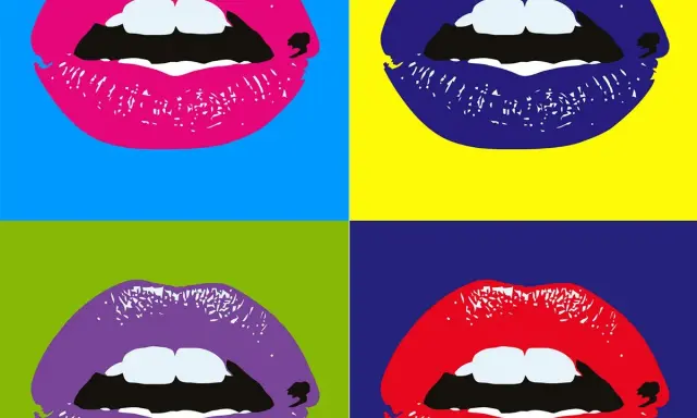 Four vibrant lips in pop art style, reminiscent of Warhol's work, against bold, contrasting backgrounds.