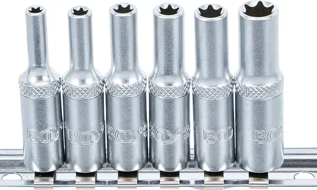 Juego de vasos con puntas de estrella, cada llave torx hembra lista para usar en su carril metálico.