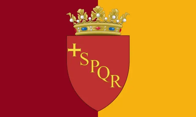 Bandiera di Roma: divisa in due parti, rossa e gialla, con uno scudo rosso che riporta la croce e le lettere SPQR, sormontato da una corona dorata.