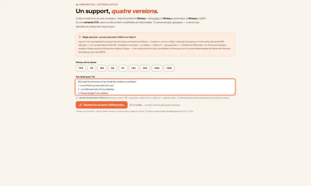 Un support pédagogique propose quatre versions d'exercices, dont une variante DYS, pour différencier l'enseignement. L'IA anonymise les données des élèves, comme un élève allophone.