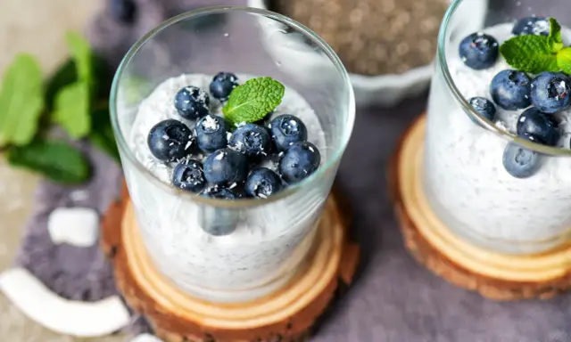 Zwei Gläser mit cremigem Chia Pudding, garniert mit Blaubeeren, Kokosraspeln und Minze. Ein gesunder Genuss!