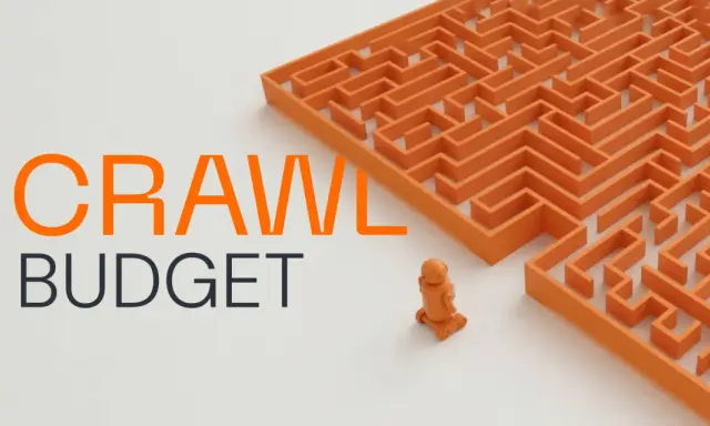 Pomarańczowy robot stoi przed labiryntem, symbolizując wyzwania związane z optymalizacją crawl budget.