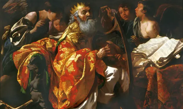 Król Dawid gra na harfie, otoczony aniołami i uczonymi. Pamiętaj człowiecze na Jezusa, bo Jego miłość jest wieczna.