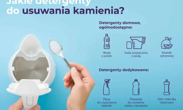 Domowe sposoby na kamień: woda z octem, soda oczyszczona z wodą. Dostępne też preparaty do usuwania nalotu z kamienia.