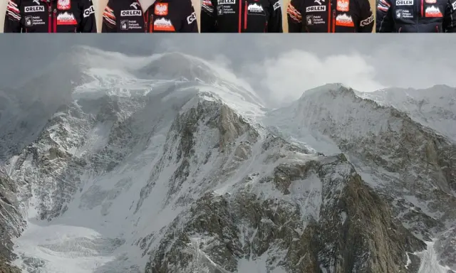 Wielki, śnieżny **broad peak szczyt** w chmurach. U góry portrety alpinistów w kurtkach z logo ORLEN.