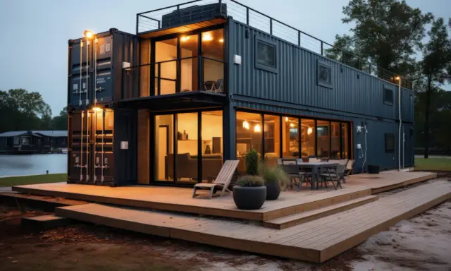 Maison moderne en conteneurs empilés, avec terrasse en bois et vue sur l'eau. Un prix maison avec sous-sol complet serait un rêve.
