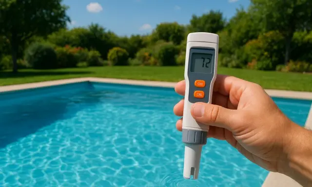 En hand håller en mätare vid en pool. Displayen visar "72", troligen en indikation på alkalinitet pool.
