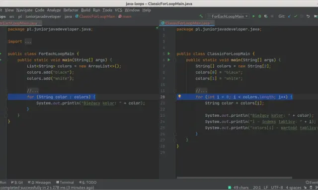 Kod Java z pętlą for-each, która iteruje po liście kolorów. Widać fragment kodu z pętlą while js, która jest używana do podobnego celu.