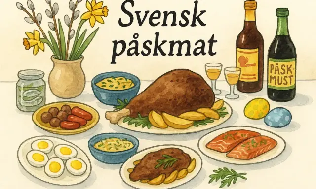 En illustration av svensk påskmat: kalkon, lax, köttbullar, korv, ägg, sill, påskmust och påskris. Här finns fakta om påsken.