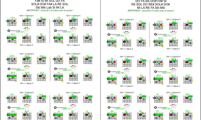 Diagrammes d'accords de guitare pour les 7b9 et 7#9, montrant les doigtés pour différentes notes fondamentales.