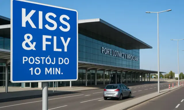 Niebieski znak "KISS & FLY" informuje o postoju do 10 min. przy Porcie Lotniczym Wrocław. Darmowy parking lotnisko wrocław jest dostępny dla szybkich pożegnań.