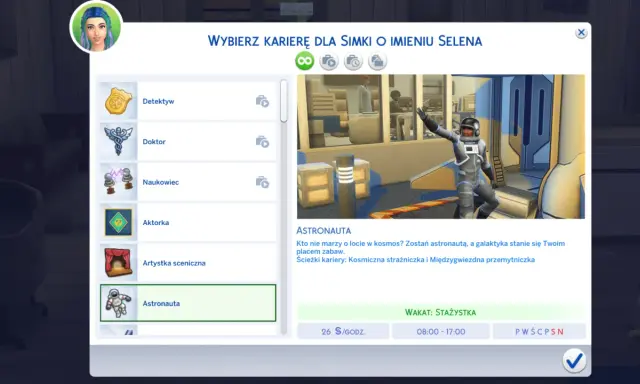 Wybór kariery dla Simki Seleny w Sims 4: astronautka. Marzy o kosmosie i międzygwiezdnych podróżach.