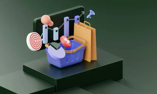 Grafika ilustruje branżę e-commerce: koszyk, torby, wykresy, cel i żarówkę.