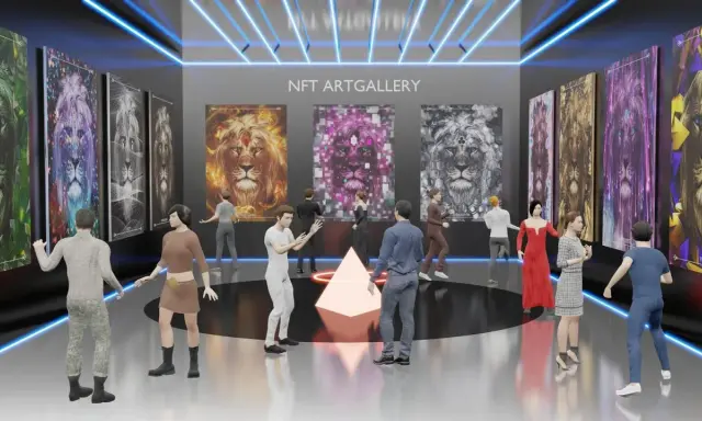 Visitors explore a digital NFT art gallery showcasing vibrant lion portraits, a glimpse into the art of the future.