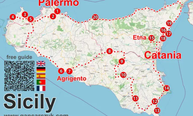 Mapa Sycylii z zaznaczonymi trasami zwiedzania. Widoczne Palermo, Etna, Katania, Agrigento. Dostępny darmowy przewodnik.