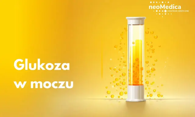 Biały napis "Glukoza w moczu" na żółtym tle. Obok probówka z żółtym płynem i pęcherzykami.