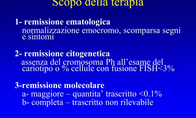 Scopo della terapia per la leucemia mieloide cronica: remissioni ematologica, citogenetica e molecolare.
