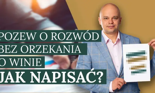 Mężczyzna w garniturze trzyma dokument z tekstem "Pozew o rozwód bez orzekania o winie. Jak napisać?".