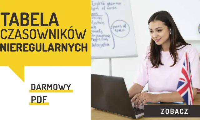 Tabela czasowników nieregularnych, darmowy PDF. Młoda kobieta uczy się angielskiego przy laptopie. Zobacz!