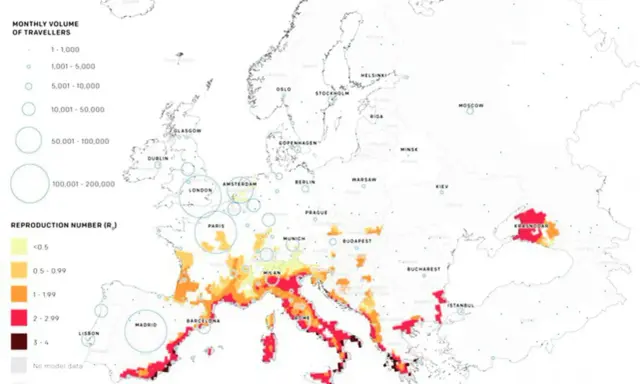 Karta över Europa som visar potentiell spridning av gula febern, med områden markerade i rött och orange där viruset kan frodas.