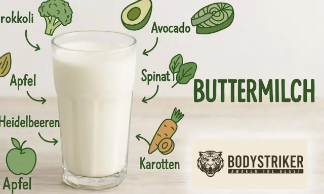 Glas Buttermilch mit Illustrationen von gesunden Lebensmitteln wie Brokkoli, Apfel, Avocado und Karotten. Ideal für buttermilch abnehmen.