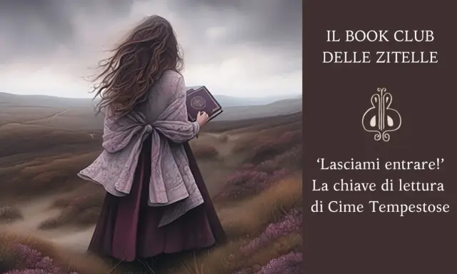 Una donna con lunghi capelli mossi dal vento tiene in mano un libro, evocando l'atmosfera dei libri di Emily Brontë.