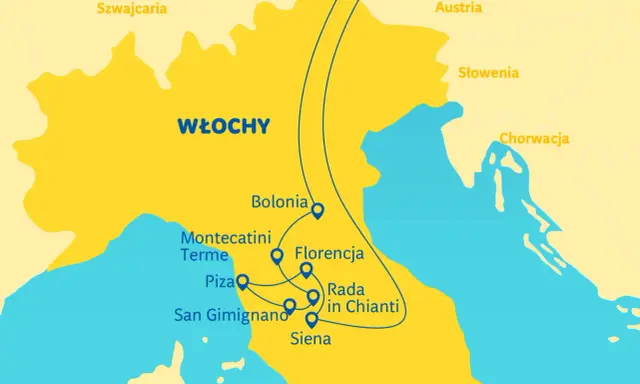 Mapa Włoch z zaznaczoną trasą przez Toskanię: Bolonia, Florencja, Siena, San Gimignano, Piza, Montecatini Terme.